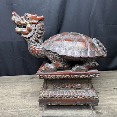 Tartarugas dragão antigas chinesas Lóngguī dragões esculpidos à mão em madeira - Imagem 1 de 4