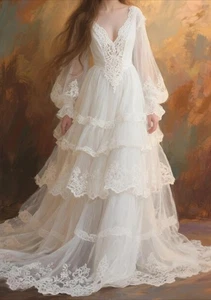 Light Champagne Medieval Vintage Lace A-line Prom Dresses Ruffle Small Tail - Picture 1 of 4