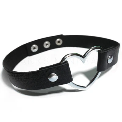 Leather Heart Choker Collar Punk Goth Adjustable Rivet Necklace Love O-Ring - Image 1 of 4