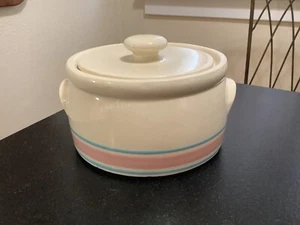 Vintage McCoy Pink Blue Striped Bean Pot #1421 USA - Picture 1 of 7