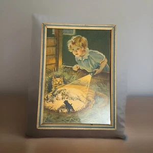 VTG Art Frances Tipton Don't Wake the Babies Girl & Kittens Framed Print 11"x9" - Picture 1 of 6