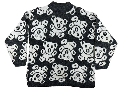 Vintage 80s Sweater All-Over Teddy Bear Grey White Mock Neck Oversize Large USA - Image 1 of 4