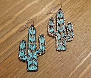 Turquoise Patina on Cactus Drop Dangle Hook Earrings Southwest Cowgirl Cacti - Picture 1 of 4