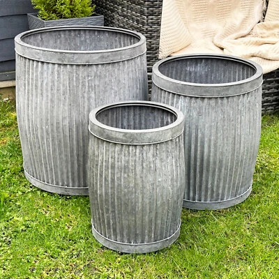 DARTHOME Set Of 3 Galvanised Tub Planters Large Metal Round Ribbed Dolly Garden Drum Pots