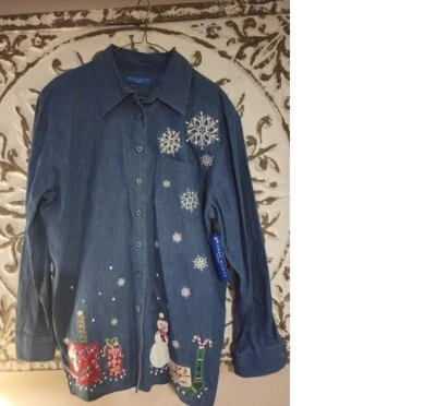 Vintage KAREN SCOTT  Denim Shirt  Christmas Snowflake Snowman  Size Large NWT - Image 1 of 4