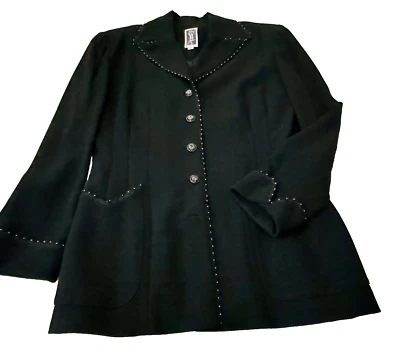 Zelda* Designer Black Jacket; Crochet with Pearl Trim; Antique-Look Buttons; 8. - Image 1 of 4