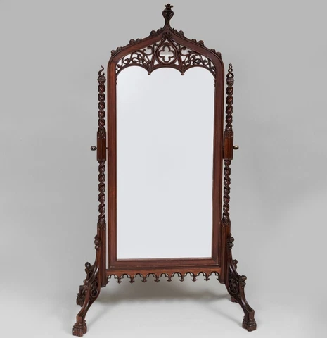 Gothic Revival Style Carved Mahogany Cheval Mirror 7' x 4' x 2' Cover