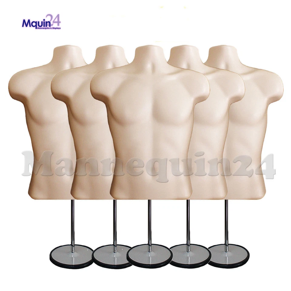 5 Pack Flesh Mannequin Male Torso Dress Forms + 5 Table Top Stands + 5 Hangers - Image 1 of 4