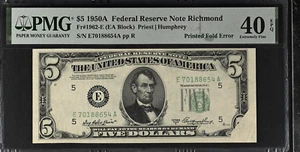 1950A $5 FRN Richmond Fr1962-E Printed Fold Error - PMG 40 XF EPQ - Picture 1 of 4