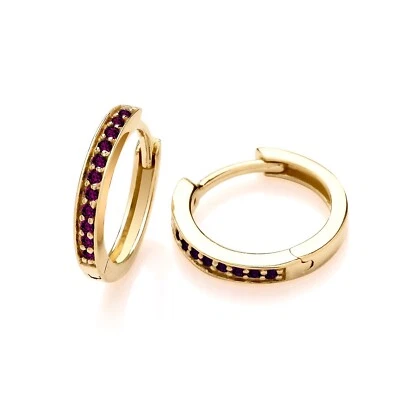 9ct Yellow Gold on Sterling Silver 925 simulated Amethyst Huggie Hoop Earrings - Image 1 of 4