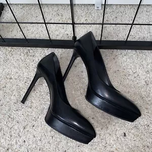 YSL YVES SAINT LAURENT Black Platform Leather Heels PUMPS Size 38 - Picture 1 of 10