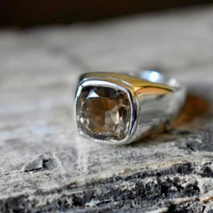 Natural Birthstone Cushion Smoky Quartz 925 Sterling Silver Handmade Gift Ring - Picture 1 of 5