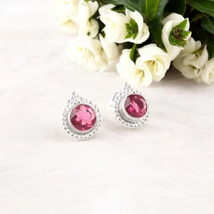 Regalo para ella Pendientes minimalistas de turmalina rosa natural de plata 925 para ella - Imagen 1 de 8