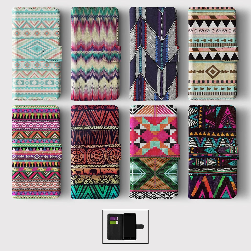 CASE FOR IPHONE 16 15 14 13 12 11 SE PRO WALLET FLIP PHONE COVER TRIBAL AZTEC - Image 1 of 1