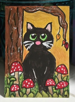 Pintura Artística Original ACEO Gato Negro Setas Madera Otoño Otoño Día ÚNICO EN SU CLASE ATC  Foto 1 de 4