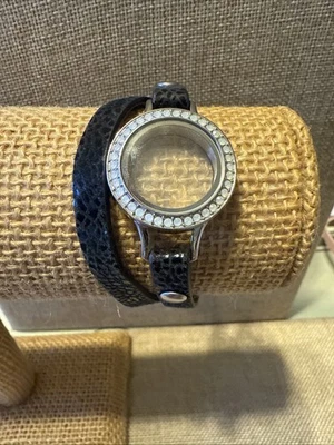 Origami Owl Black Embossed Leather Wrap Bracelet ~ Blue Opal Silver Locket ~ New - Image 1 of 3