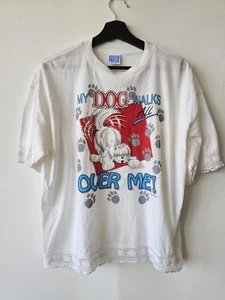 Vintage My Dog Walks All Over Me Shirt Womens One Size White Lace Graphic 90s - Picture 1 of 7