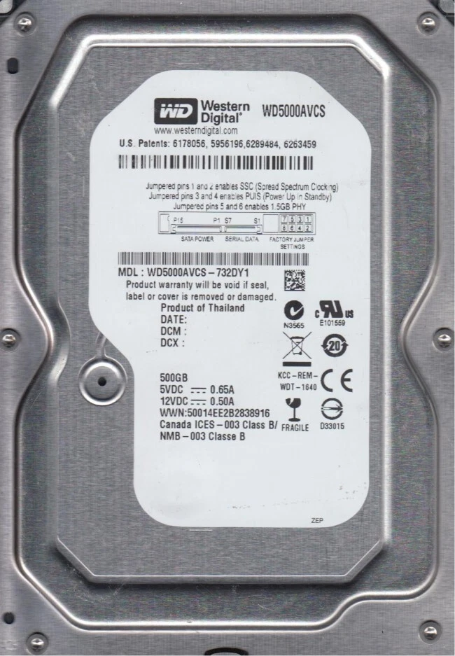 500 GB SATA Western Digital WD5000AVCS-732DY1 5400rpm 16MB 3.5 " Hard Drive New - Image 1 of 1
