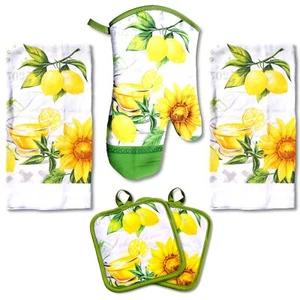 5 Pc Kitchen Towel Set Yellow Lemons 2 Dish Towels 1 Oven Mitt & 2 Potholders - Picture 1 of 7
