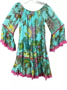 NWT MISS JUNE PARIS Dress Mini Aqua Pink Floral Lace Boho Fairy Costal Layered - Picture 1 of 12