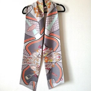 HERMES Maxi Twilly Seidentuch Sträuße Sellier grau orange rot 82,7 Zoll aus Japan - Bild 1 von 15