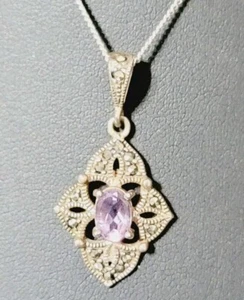 Sterling Silver 925 Amethyst Pendant Necklace Marcasites Purple Thailand blu2-36 - Picture 1 of 7