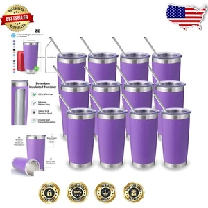 Durable Double Wall Insulated Tumblers - 12 Pack Purple Travel Mugs with Lids - Picture 1 of 10