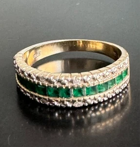 YELLOW GOLD LAB CREATED EMERALDS AND DIAMOND BAND RING SIZE 7.75 - Picture 1 of 11