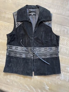 VINTAGE ‘90’s Revue Women's L Black Leather Suede Vest Biker, Boho, Hippie, Punk - Picture 1 of 13