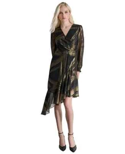 $139 DKNY Women's Metallic-Print Asymmetric-Hem Dress, Black-Gold, 10 - Picture 1 of 5
