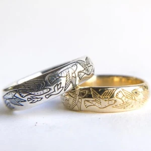 14K massives Gold Vogel graviert Kuppelring Handarbeit Unisex klobig fett Komfortband - Bild 1 von 15