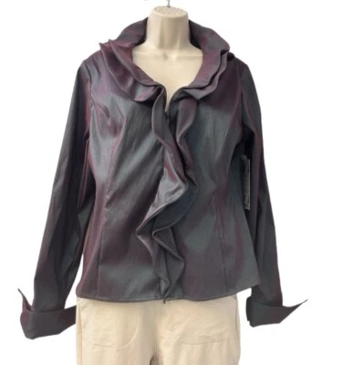 Chaqueta/chaqueta Samuel Dong con volantes cremallera frontal azul para mujer M cuello en V calce ajustado Foto 1 de 4