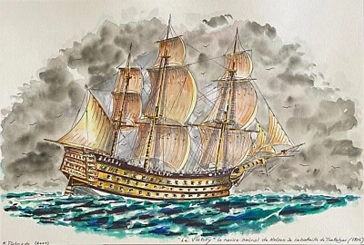 HMS Victory 1805 navire de l' amiral Nelson bataille de Trafalgar aquarelle 2001 - Photo 1/2