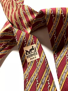HERMES VINTAGE CHAINED HORSE BIT BELT TIE REGIMENTAL HIGH END FRANCE RED - Picture 1 of 19