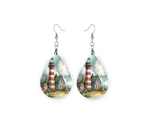 Whimsical Lighthouse Wood Dangle Teardrop Print Earrings Jewelry - Picture 1 of 8
