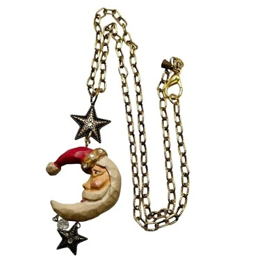 Collar de Papá Noel en forma de luna vintage estrellas y cristales cadena de latón de 32" Foto 1 de 4