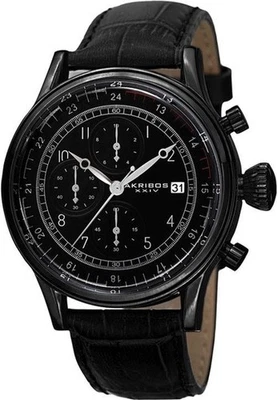 Reloj para hombre Akribos XXIV AK798BK cronógrafo fecha GMT correa de cuero negro Foto 1 de 4