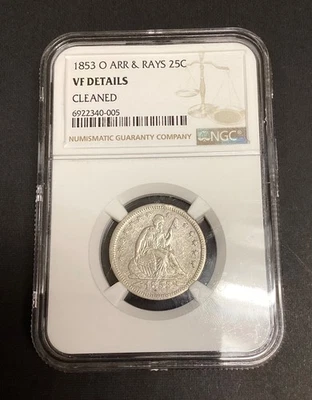 NGC 1853 O ARR & RAYS Sitting Liberty Quarter VF Details Cleaned - Image 1 of 4