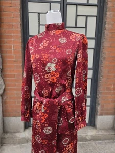VTG 1970s Maroon Red Asian Floral Maxi Skirt Long Sleeve Blouse Lounge Dress Set - Picture 1 of 10