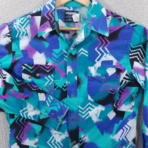 Camisa De Colección Wrangler Perla A Presión Mediana 15.5 33 Púrpura Teal Rodeo Azteca Funky - Imagen 1 de 15