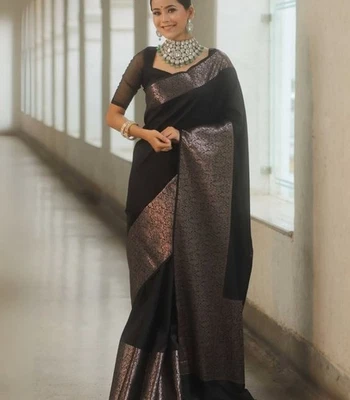 Attractive Party Collection Black Lichi Silk Saree With Blouse For Women - Image 1 of 4