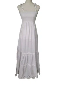 Hecho A Mano Maxi Sundress White Smocked Top Tie Spaghetti Strap Two Tier Ruffle - Picture 1 of 9