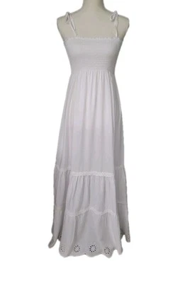 Hecho A Mano Maxi Sundress White Smocked Top Tie Spaghetti Strap Two Tier Ruffle - Image 1 of 4