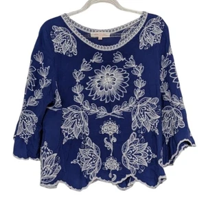 Solitaire besticktes Blumen Shirt Damen Größe L blau Boho 3/4 Arm - Bild 1 von 12