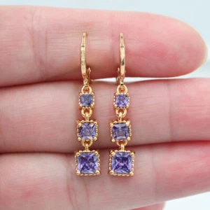 18K Yellow Gold Filled Women Purple Mystic Topaz Cubic Blocks Dangle Earrings - Picture 1 of 1