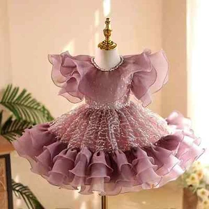 Purple Puffy Sleeve Girl Dress Lace Princess Baby Birthday Party Holiday Gown - Picture 1 of 8