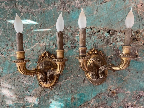 2 WOODEN FLORENTINE VINTAGE ITALIAN GOLD TORCHIERE WALL LIGHT ELECTRIC SCONCE Cover