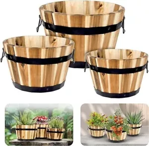 Wood Acacia 3 Barrel Bucket Outdoor Planters Ergonomic Handles Drainage Holes - Picture 1 of 6