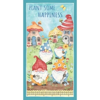 Michael Miller Plant Happiness Gnome Mushroom Houses Panel 100% Cotton Fabric - Image 1 of 4