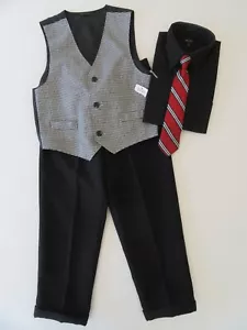 NWT Boy's 4pc Suit 6/7 Black Shirt-Tie-Vest-Pants Childs Church Outfit Set Lot - Picture 1 of 11